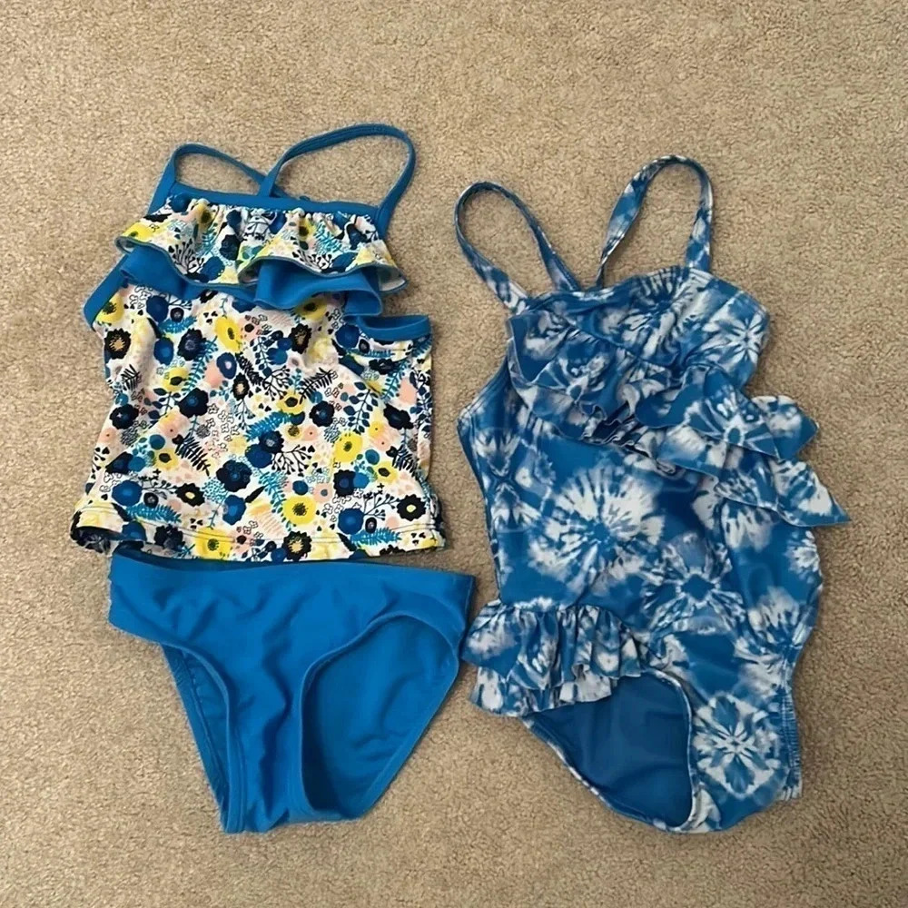 Cat &Jack bathing suits size 2T set of 2 blue yellow white one piece swimsuit